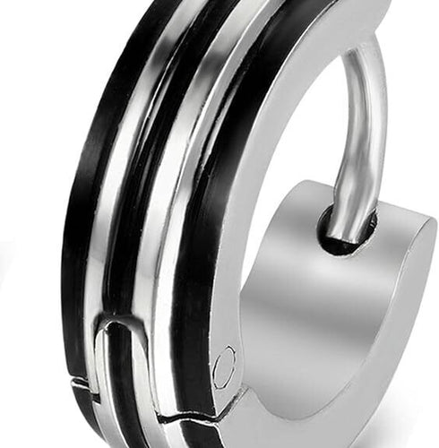 316L Surgical Steel Striped Blue/Black Men Women Hypoallergenic Hoop Earrings